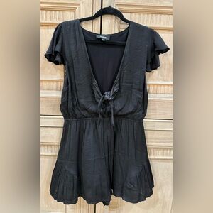 Black Deep-V Tied Ruffle Romper